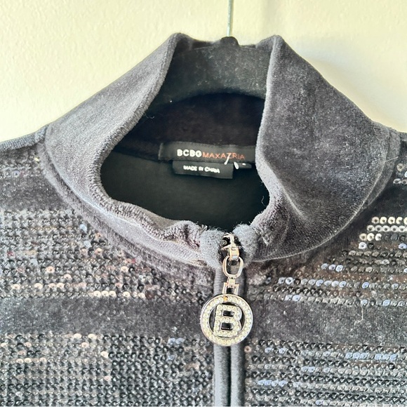 BCBG Maxazria Sweater Women's Size Small Black Velvet & Sequins Y2K Spell Out - Picture 10 of 16